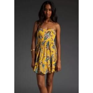 Anthropologie TIBI Yellow Paisley Silk Dress Strapless Party Formal Bubble dress